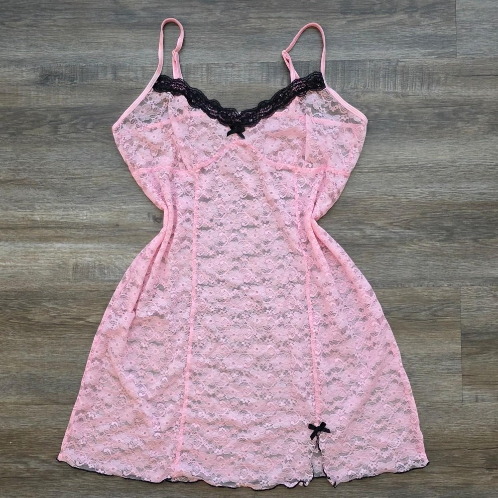 Vintage George Pink Black Lace Slip Dress Y2K Coquette Sheer Lingerie Large